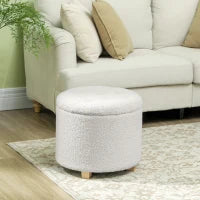 Pouf contenitore, sgabello rotondo, pouf poggiapiedi in tessuto bouclette, capacità 120 Kg, Ø 45 x 41 cm, bianco