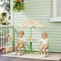 Set da Giardino per Bambini 2-5 Anni con Tavolino Rotondo, 2 Sedie Pieghevoli e un Ombrellone, Verde