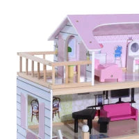 Casa delle Bambole per Bambini 3+ Anni in Legno di Pino e MDF a 4 Piani con 13 Accessori, Rosa, 60x30x80 cm