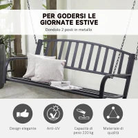 Dondolo Sospeso da Giardino con 2 Posti, Romantica Panchina in Metallo Nero per Esterni, 127 x 60 x 47cm