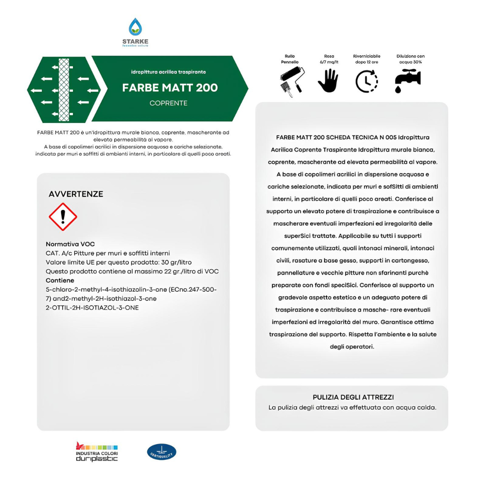 Farbe matt 200 pittura acrilica coprente traspirante bassa lavabilità interni *** formato 12.5 lt, confezione 1