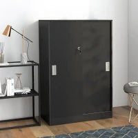 Armadietto da Ufficio a 3 Ripiani con 2 Chiavi di Sicurezza e Ante Scorrevoli, 80x40x120 cm, Nero