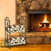 Portalegna in Ferro Battuto con Attrezzi per Camino, Manici e Base Rialzata, 51.5x33x77cm, Nero