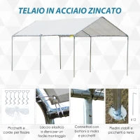 Tendone per Auto in Acciaio Zincato con Kit di Ancoraggio, 5.95x2.94x2.6m - Bianco