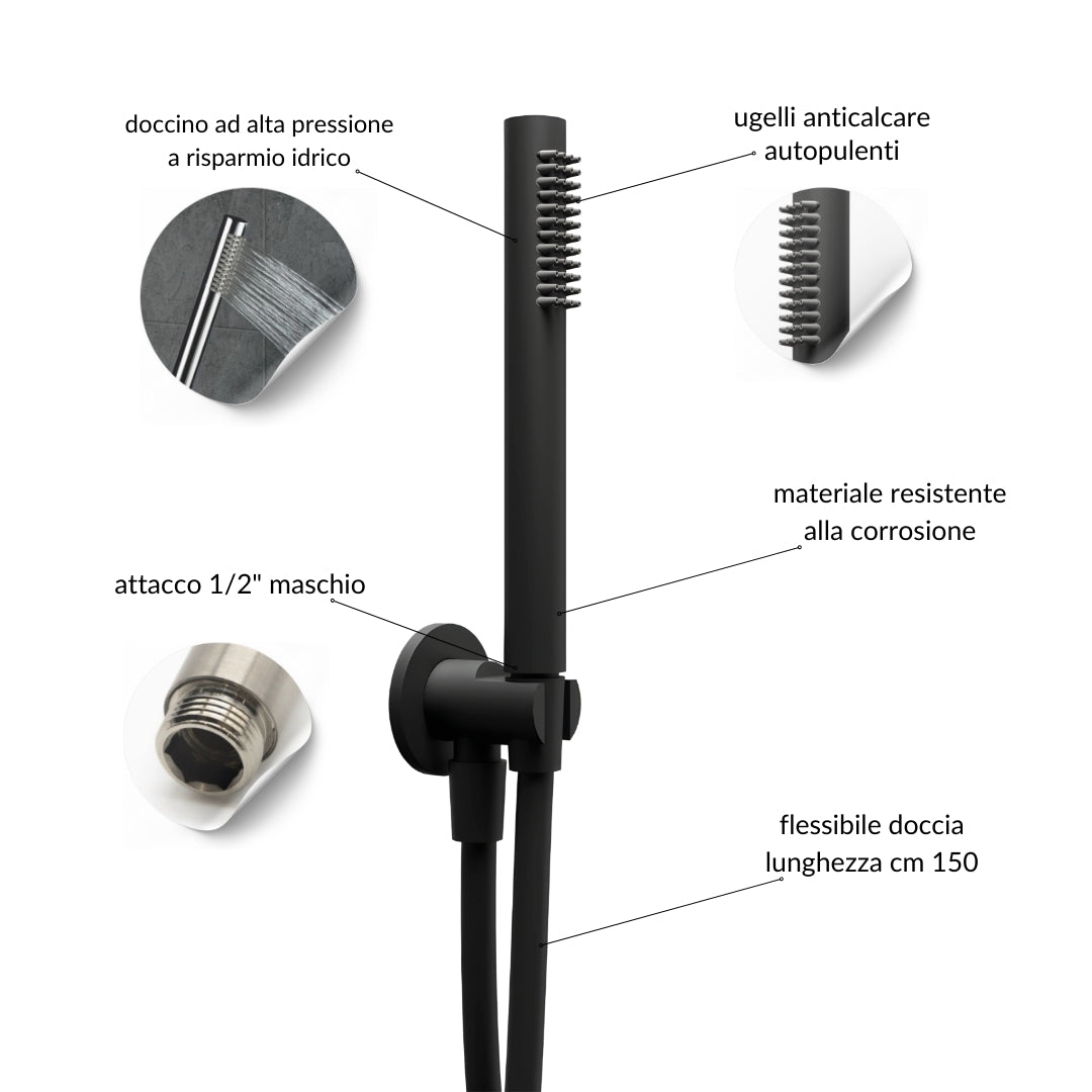Kit doccia con soffione tondo nero doccetta e presa acqua con flessibile in pvc per il bagno *** confezione 1