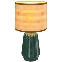 Lampada da Tavolo con Base in Ceramica e Paralume in Lino Stile Retrò 40W Verde e Legno Naturale