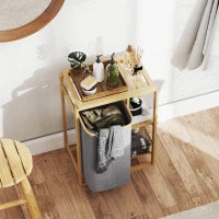 Cesto Portabiancheria con Borsa Estraibile e Ripiani a Doghe in Bambù, 50x32x70 cm, Grigio