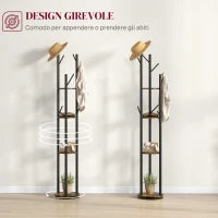 Appendiabiti da Terra Girevole con 8 Ganci e 4 Mensole in Stile Industriale, Ø30x175cm, Marrone