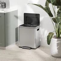 Bidone Immondizia a 2 Sezioni da 15L a Pedale con Coperchio Silenzioso, in Acciaio Inox e PP, 40x34.8x47.5 cm