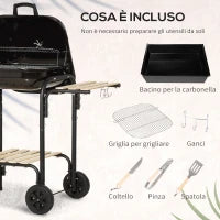 Barbecue a Carbone con Coperchio, Ripiani e Ruote, Completo di Spatola, Pinza e Coltello, Nero