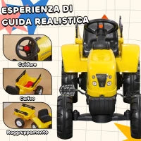 Trattore a Pedali per Bambini da 3+ Anni con Rimorchio, Rastrello, Pala e Clacson, Giallo