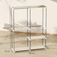 Armadio per Abiti Aperto con 4 Ripiani in Tessuto, 3 Barre per Appendere e Struttura in Metallo 142x43x185 cm Crema