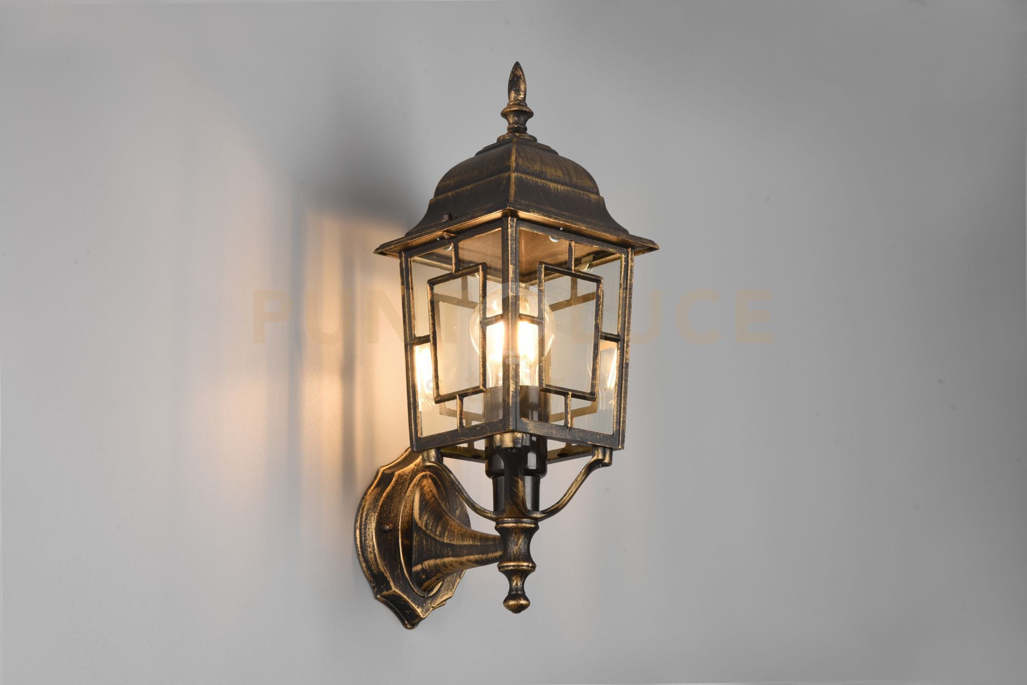 VOLTURNO APPLIQUE DA ESTERNO UP 4 LATI FUSIONE DI ALLUMINIO RUGGINE CON DECORO IN FUSIONE SUL VETRO E VETRO TRASPARENTE H. 41,5CM IP44 1 LUCE ATTACCO E27