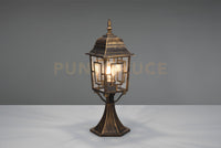 VOLTURNO PALO SEGNAVIALI DA ESTERNO 4 LATI FUSIONE DI ALLUMINIO RUGGINE CON DECORO IN FUSIONE SUL VETRO E VETRO TRASPARENTE H. 47CM IP44 1 LUCE ATTACCO E27