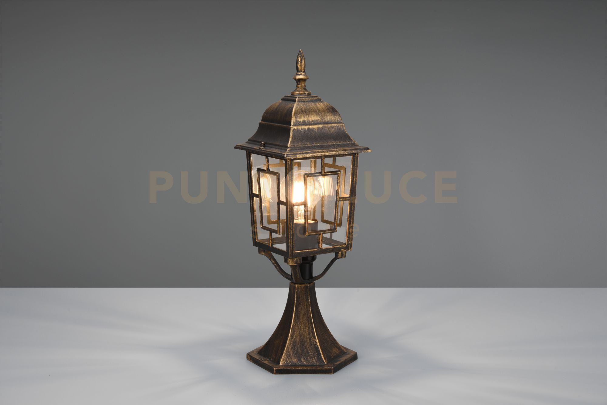 VOLTURNO PALO SEGNAVIALI DA ESTERNO 4 LATI FUSIONE DI ALLUMINIO RUGGINE CON DECORO IN FUSIONE SUL VETRO E VETRO TRASPARENTE H. 47CM IP44 1 LUCE ATTACCO E27