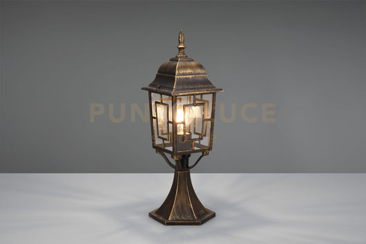 VOLTURNO PALO SEGNAVIALI DA ESTERNO 4 LATI FUSIONE DI ALLUMINIO RUGGINE CON DECORO IN FUSIONE SUL VETRO E VETRO TRASPARENTE H. 47CM IP44 1 LUCE ATTACCO E27