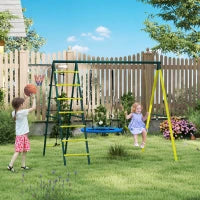 Set Altalene da Giardino Rotonda e Classica, Scalette in Acciaio e Corda e Canestro per Bambini 3-8 Anni