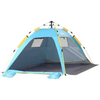 Tenda da Spiaggia Pop Up con Porta a Cerniera, in Poliestere e Fibra di Vetro, 220x173x120 cm, Blu Chiaro e Giallo