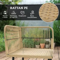 Salotto da Giardino in Rattan 2 Divanetti e Poltrona Angolare con Cuscini, Tavolino in Vetro, Colore Legno