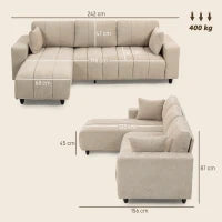 Divano angolare reversibile, 3 posti con penisola, 2 cuscini, struttura in acciaio, 242x156x87cm, Beige