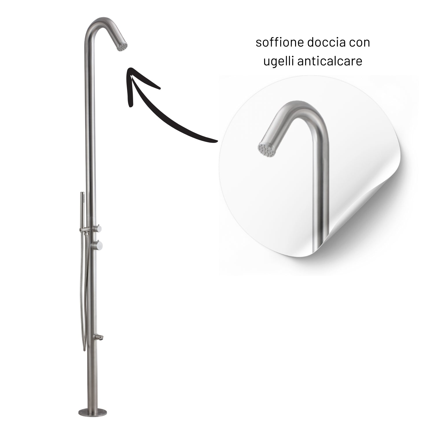 Colonna doccia da esterno betulla a pavimento inox spazzolato con lava piedi *** finitura- spazzolato, confezione 1