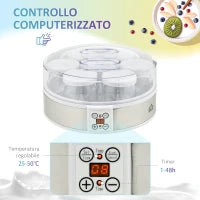 Yogurtiera 20W da 1.5L con 7 Vasetti e Display a Pulsanti, in Acciaio Inox e Plastica, 24x24x13 cm, Bianca