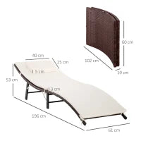 Sdraio Lettino da Giardino Ergonomica con Cuscino Rimovibile Pieghevole Rattan 196x61x53cm Bianco