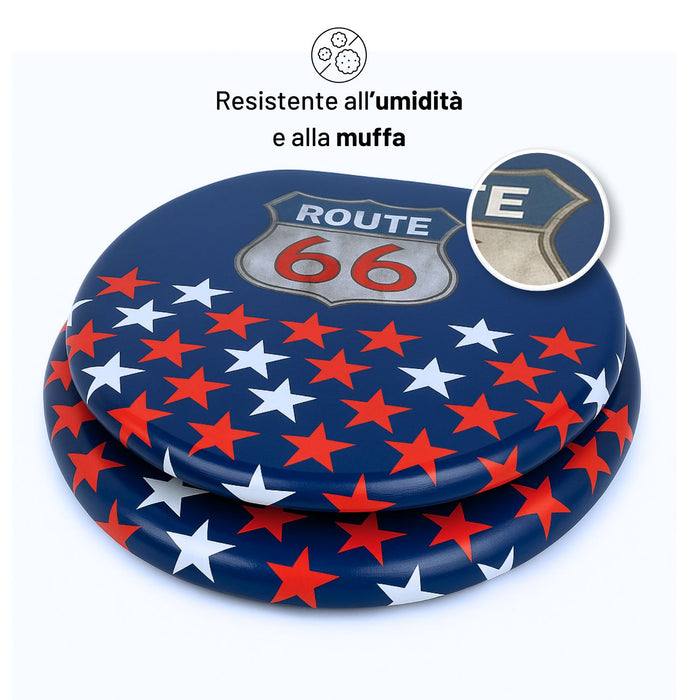 Sedile wc copri vater universale frizionato fantasia in mdf con chiusura rallentata *** fantasia route 66, confezione 1