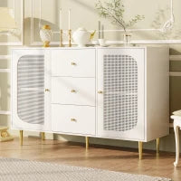 Credenza da pranzo in rattan con cassetti, per cucina e soggiorno, 120x40x90 cm, Bianco