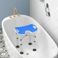 Sgabello da Doccia Regolabile in Altezza con Maniglione, Seduta Imbottita a U e Piedini Antiscivolo, Blu