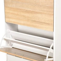 Scarpiera con 2 Ante Ribaltabili, 2 Compartimenti per Ripiano, Cassetto, Piatto in Vetro, Legno Rovere e Bianco