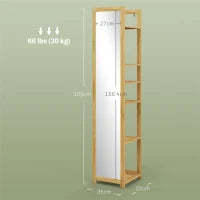 Scaffale da Bagno con Specchio e 6 Ripiani a Doghe in Bambù, 35x35x168cm, Colore Legno