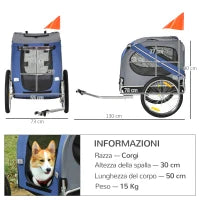 Carrello per Cani con Reti protettive, Bandierine e Catarifrangenti, 130x73x94 cm, Blu e Grigio