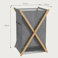 Cesto Portabiancheria Pieghevole 55L in Tessuto e Telaio in Bambù, Legno e Grigio