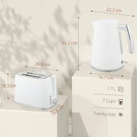 Set Bollitore Elettrico da 1.7L 2200W con Termostato e Tostapane Doppio con 7 Livelli di Doratura, Bianco