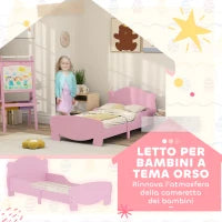 Lettino per Bambini con Testiera e Pediera a Orso e 2 Sponde Laterali, in Legno, 143.5x80x55 cm, Rosa