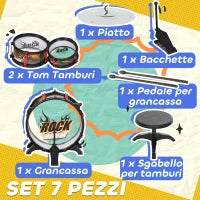 Set Batteria Giocattolo per Bambini con Sgabello, Gioco Musicale per Bambini 3-6 Anni, Nero