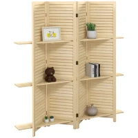 Paravento Interno a 4 Pannelli 160L x 170H cm, 3 Mensole Pieghevoli, Separatore di Ambiente, Porte a Persiana, Naturale