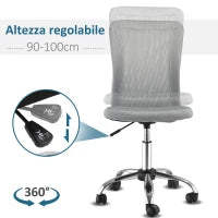 Sedia da Ufficio Ergonomica Senza Braccioli in Tessuto a Rete, Altezza Regolabile e 5 Ruote, Grigio