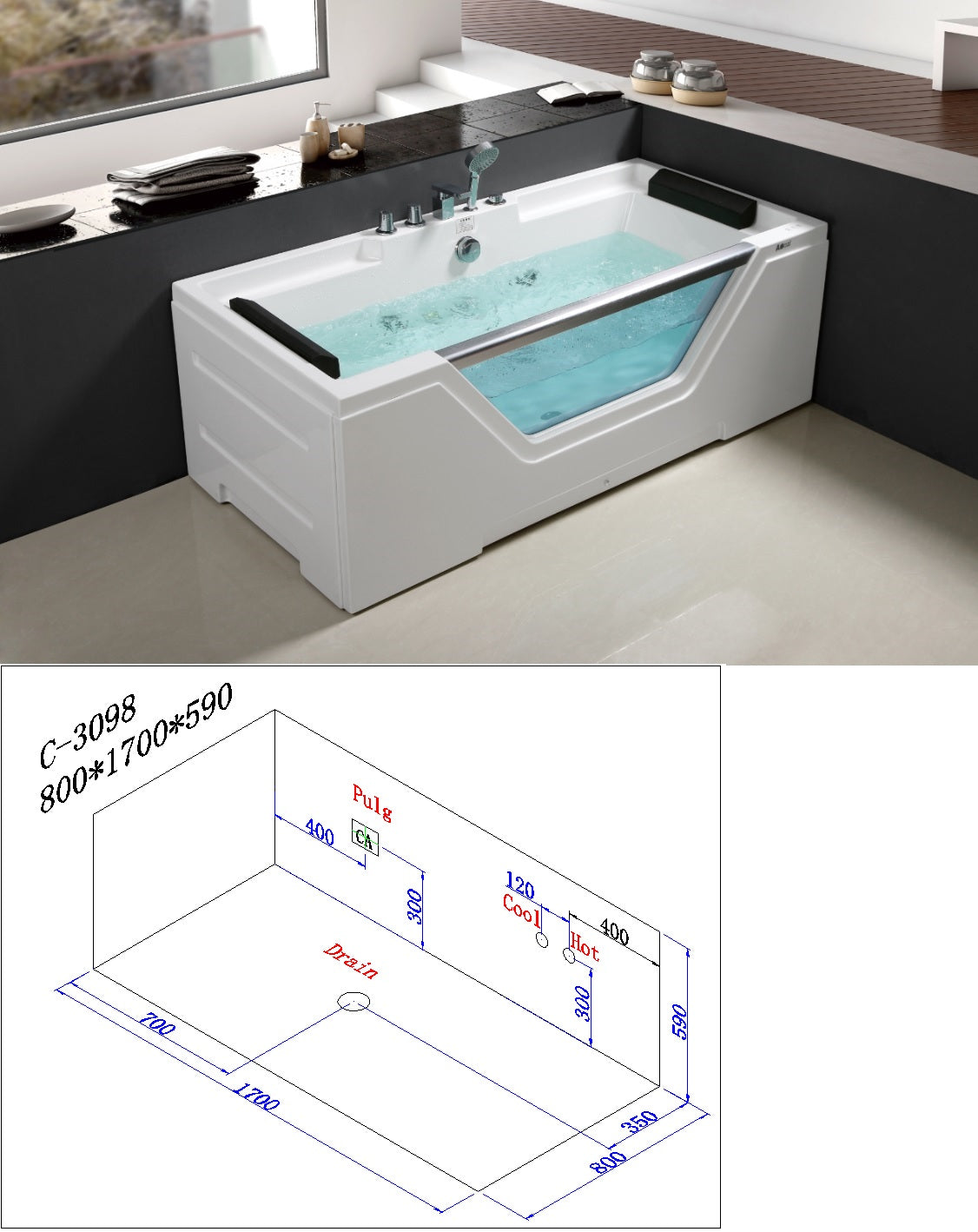 Vasca idromassaggio 170x80cm con vetro frontale riscaldatore e airbubble Sicorage Oblega