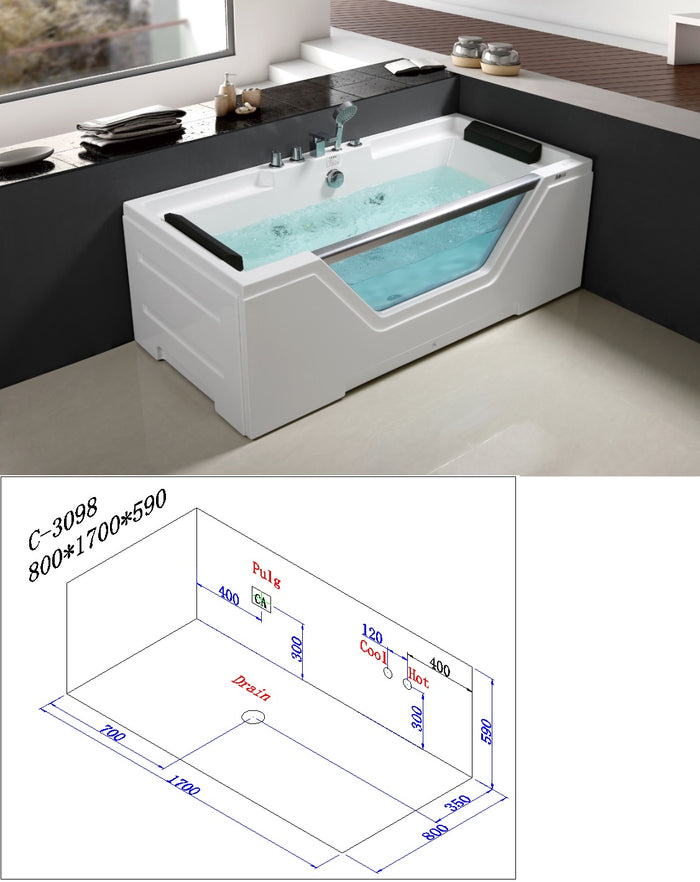 Vasca idromassaggio 170x80cm con vetro frontale riscaldatore e airbubble Sicorage Oblega