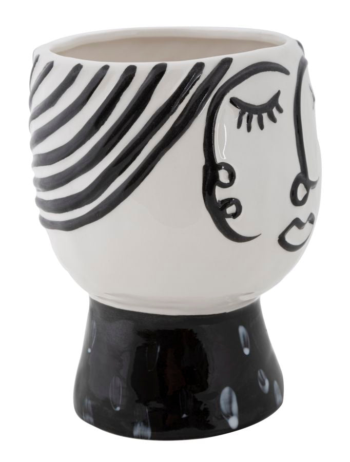 Vaso in porcellana bianco con disegno e base nero 14x18,2cm Pot Face