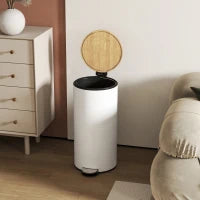 Bidone della Spazzatura per Cucina 30L con Pedale, Coperchio in Bambù con Chiusura Delicata e Cubo Estraibile, Bianco