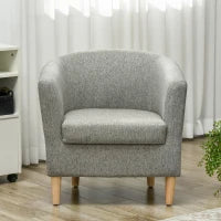Poltrona Moderna a Pozzetto in Tessuto Effetto Lino con Gambe in Legno, 74x63x73cm, Grigio