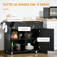 Carrello da Cucina Multiuso in Legno con 2 Cassetti, Armadietto e 4 Ruote, 104x46x91cm, Nero