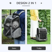 Trasportino Zaino  2 in 1 per Cani e Gatti con Tasche Laterali, Maniglia Telescopica e Ruote, 42x25x55cm, Grigio