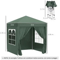 Gazebo 2x2 m Pieghevole con 4 Pareti Rimovibili e Borsa da Trasporto, in Metallo e Poliestere, Verde