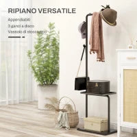 Appendiabiti da Terra a C con 3 Ganci, Barra e Vassoio Inferiore, Base in Pietra e Piedini Antiscivolo, Nero