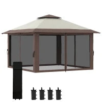 Gazebo Pieghevole, Regolabile in Altezza, 4 Pareti a Rete, Tetto Ventilato, Borsa per Trasporto, Montaggio Rapido, 4 x 4 x 3 m, Beige