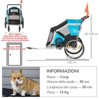 Carrello Trasporto Cani sotto i 30kg, Rimorchio Bici per Cani con Porta Anteriore e Posteriore, Finestre a Rete e Tetto Apribile, 150x82x98-108cm